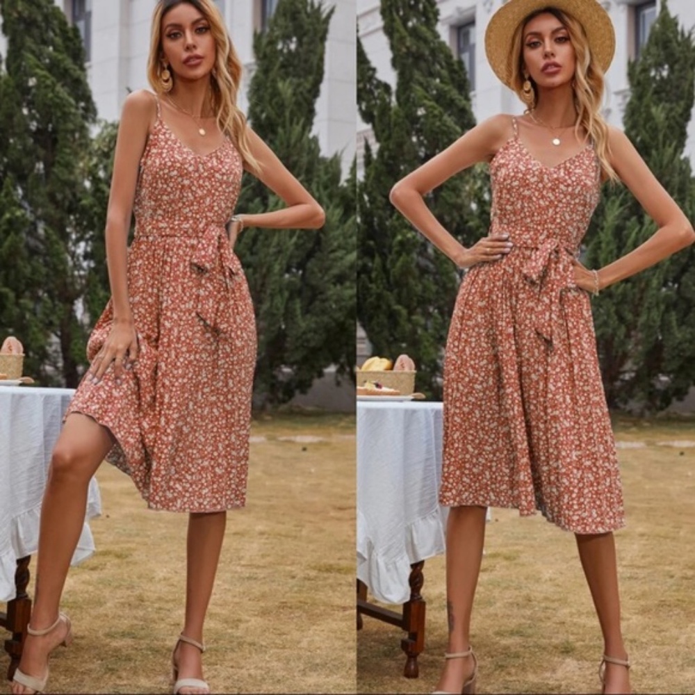 Boho Floral Print Belted V neck Cami Dress RUST - Picture 7 of 9